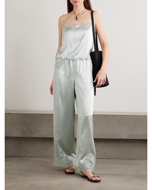 Doen White Lavon Lace-Trimmed Silk-Satin Wide-Leg Pants