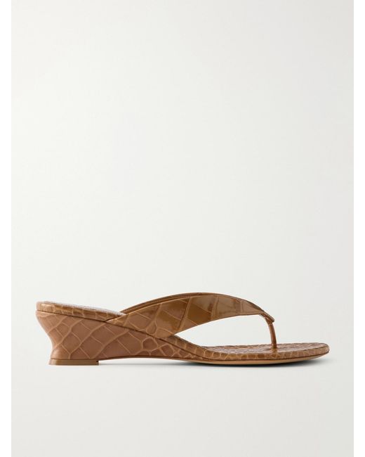 Le Monde Beryl Brown Micro Wedge Croc-Effect Leather Thong Sandals