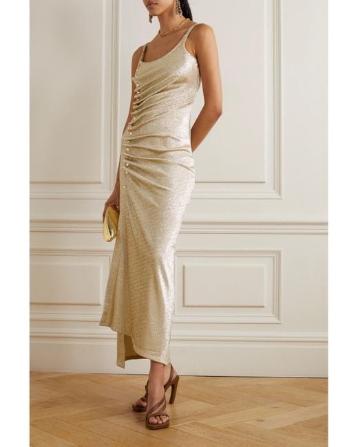 Rabanne Natural Embellished Glittered Stretch-Crepe Maxi Dress