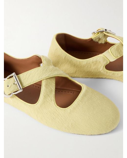 Alaïa Natural Criss Cross Leather-Trimmed Calf Hair Ballet Flats