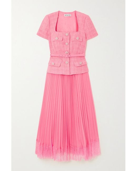 Self-Portrait Pink Embellished Lace-trimmed Pleated Chiffon And Bouclé Midi Dress