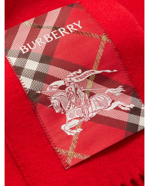 Burberry Red Appliquéd Fringed Cashmere Scarf