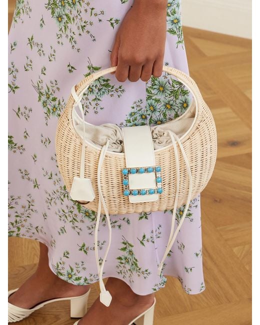 Roger Vivier Natural Embellished Leather-Trimmed Raffia Shoulder Bag