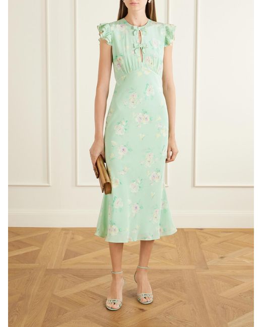 Alessandra Rich Green Floral-Print Ruffle-Trim Silk Midi Dress