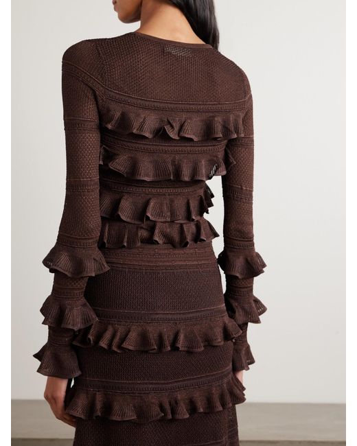 Zimmermann Brown Ruffled Metallic Pointelle-Knit Top