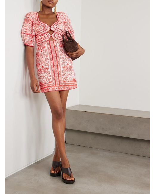 Farm Rio Red River Ride Cutout Floral-Print Linen-Blend Mini Dress