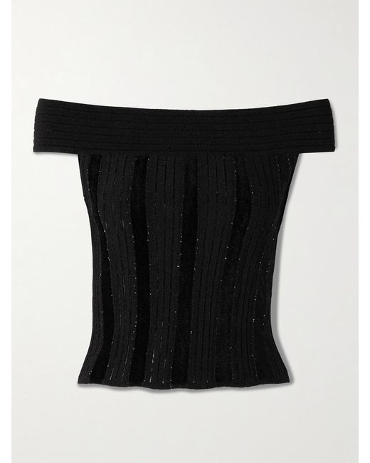 Balmain Black Off-The-Shoulder Glittered Velvet And Ribbed-Knit Top