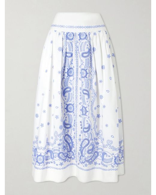Self-Portrait Blue Tiered Embroidered Cotton-Poplin Midi Skirt