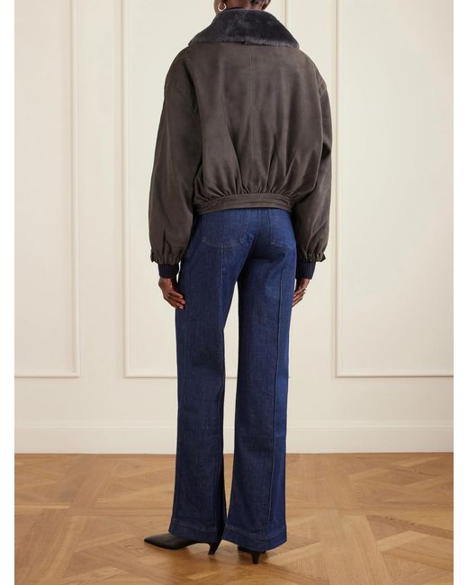 Victoria Beckham Gray Shearling-Trimmed Nubuck Bomber Jacket