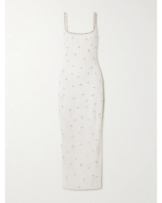 Clio Peppiatt White Droplet Embellished Beaded Stretch-Tulle Gown