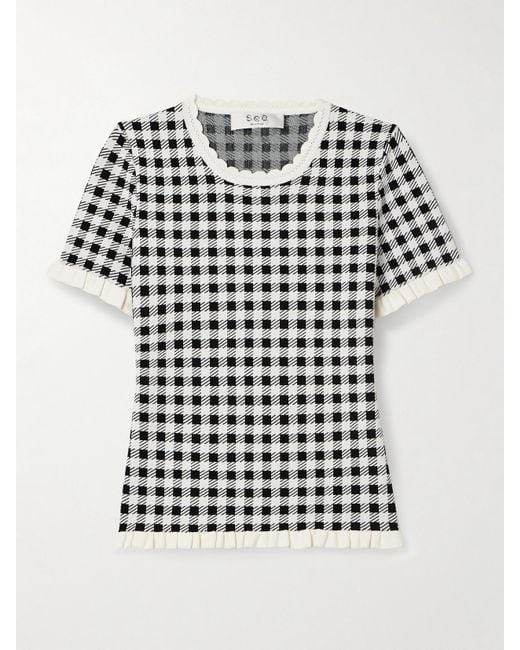 Sea White Saige Ruffled Gingham Jacquard-Knit Top