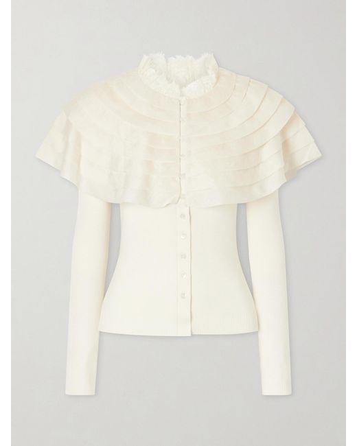 Sea Natural Wanda Ruffled Lace And Brocade-Trimmed Wool Cardigan