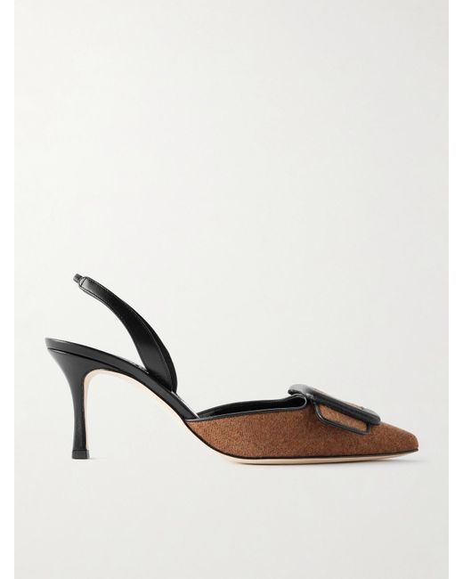 Manolo Blahnik Brown Mayslibi 70 Buckled Leather-Trimmed Wool Slingback Pumps