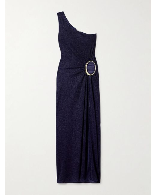 Oseree Blue Lumière One-Shoulder Cutout Metallic Stretch-Knit Maxi Dress