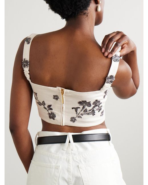 Agua Bendita Natural Cacao Guayacan Cropped Appliquéd Embroidered Linen Top