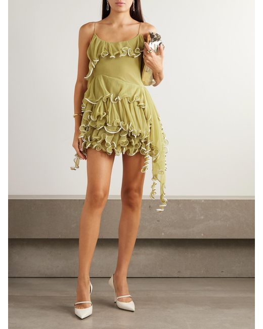 tory burch leather dress Jellyfish Ruffled Leather-Trimmed Chiffon Mini in Yellow Flared dress