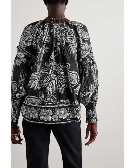 Farm Rio Black Tie-Detailed Bead-Embellished Printed Cotton-Voile Blouse