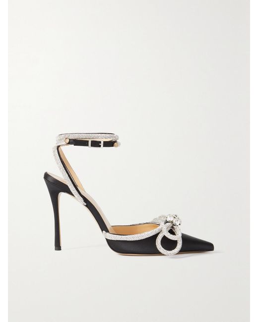 Mach & Mach White Double Bow Crystal-Embellished Silk-Satin Point-Toe Pumps
