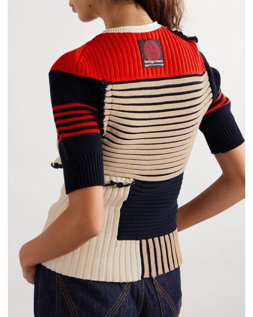 Bottega Veneta Blue Patchwork Ruffled Striped Ribbed Cotton Sweater