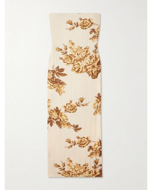 Magda Butrym Natural Strapless Floral-Print Plissé-Crepe Midi Dress