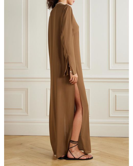 SARA CRISTINA Natural Pearl-Embellished Silk-Crepe Kaftan