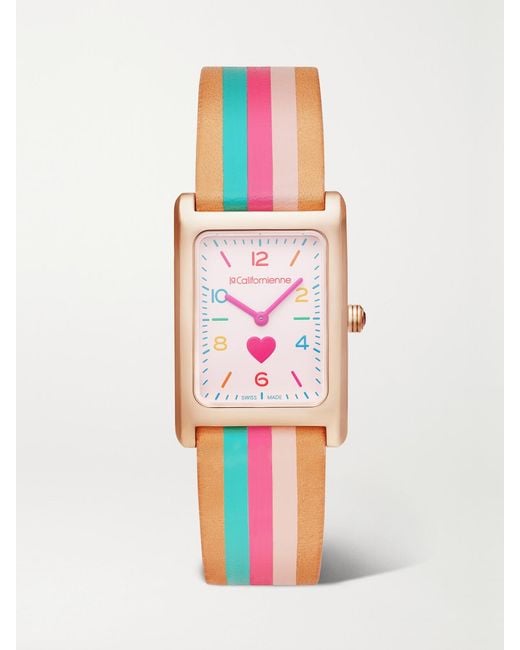 La Californienne White Daybreak 24Mm Rose-Plated Striped Leather Watch