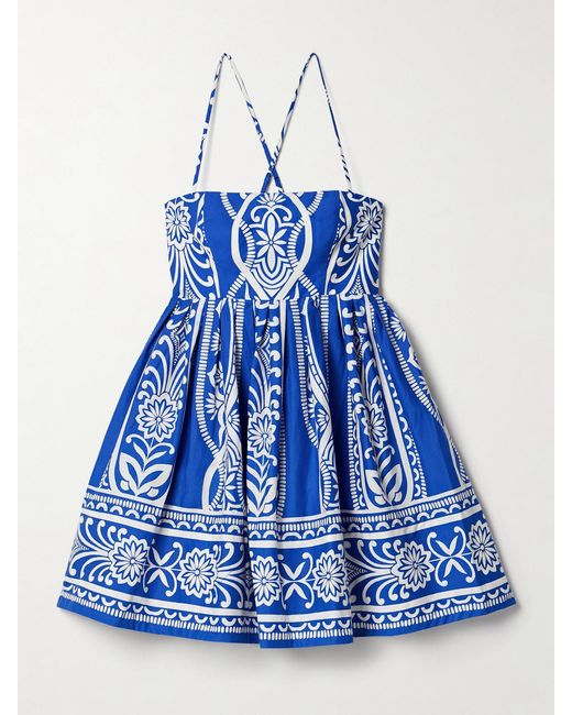 Cara Cara Blue Leo Pleated Printed Cotton-Poplin Mini Dress
