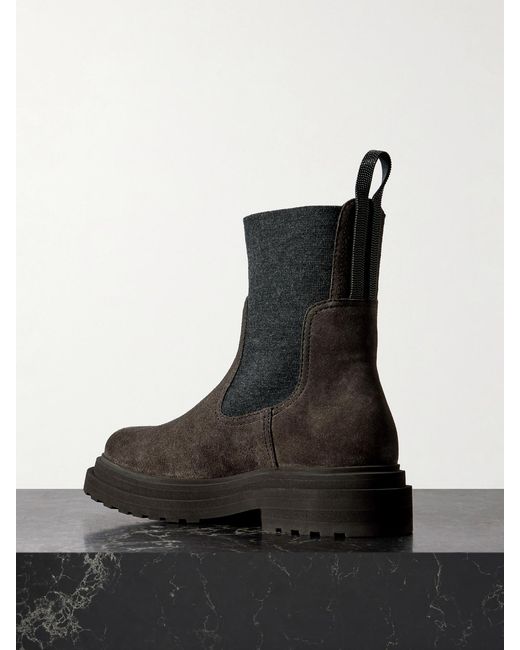Brunello Cucinelli Black Bead-Embellished Knit-Trimmed Suede Chelsea Boots