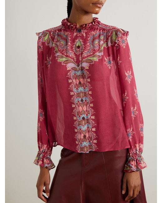 Etro Red Boho Bluse Aus Bedrucktem Chiffon Mit Rüschen