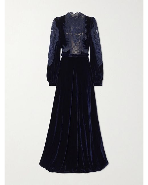 Costarellos Blue Belted Lace-Paneled Velvet Gown