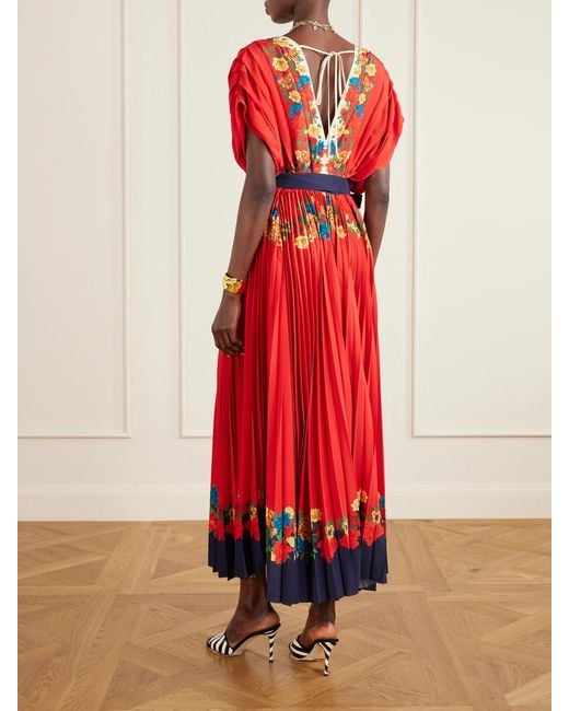 LaDoubleJ Red Accordion Pleated Floral-Print Crepe De Chine Maxi Dress