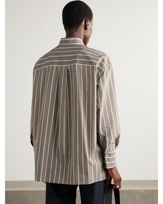 Brunello Cucinelli Gray Bead-Embellished Striped Cotton-Blend Poplin Shirt