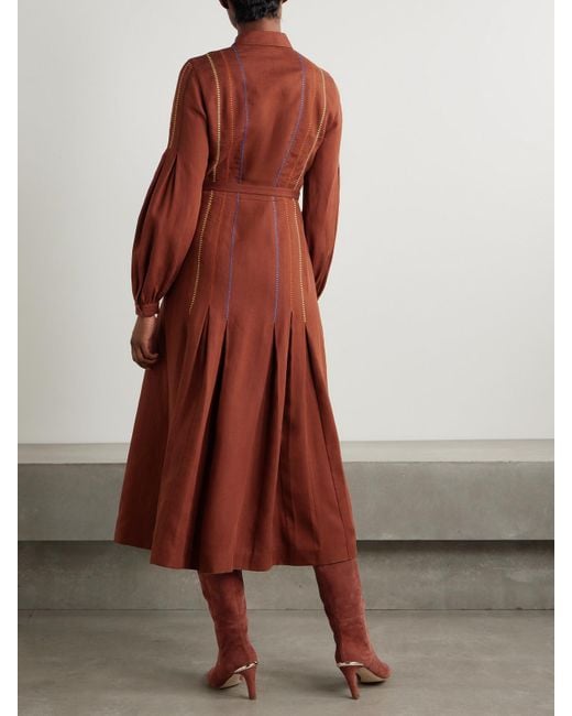 Gabriela Hearst Aleka Belted Embroidered Linen Midi Shirt Dress