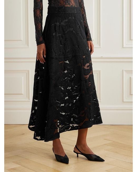 Patou Black Asymmetric Organic Cotton-Blend Lace Midi Skirt