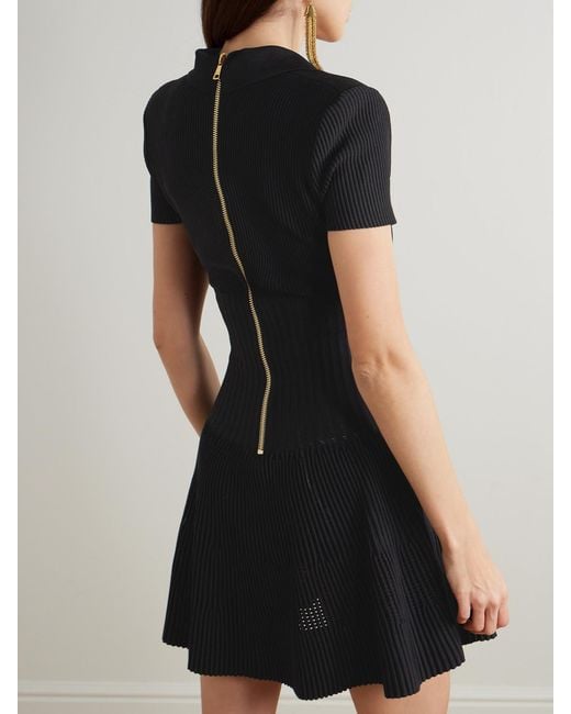 Balmain Black Button-Embellished Ribbed Knit Mini Dress