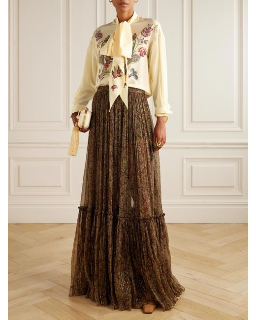 Etro Natural Pussy-Bow Floral-Print Silk-Chiffon Blouse