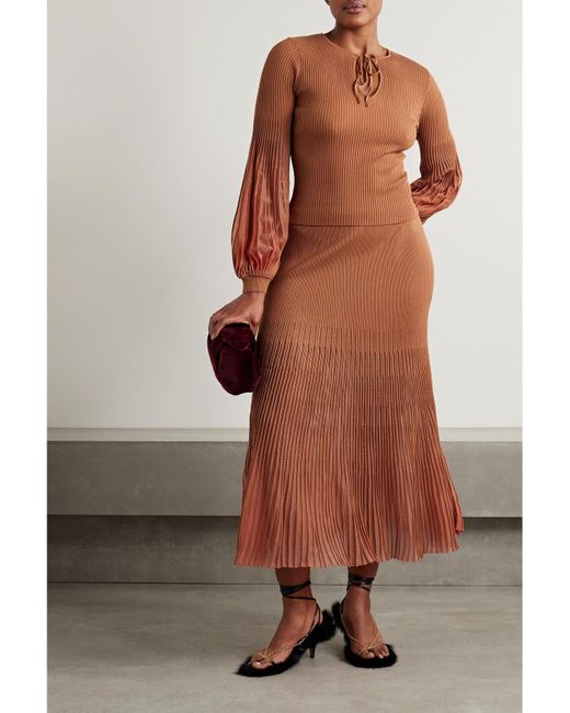 Ulla Johnson Brown Lenora Tulle-Trimmed Ribbed-Knit Top