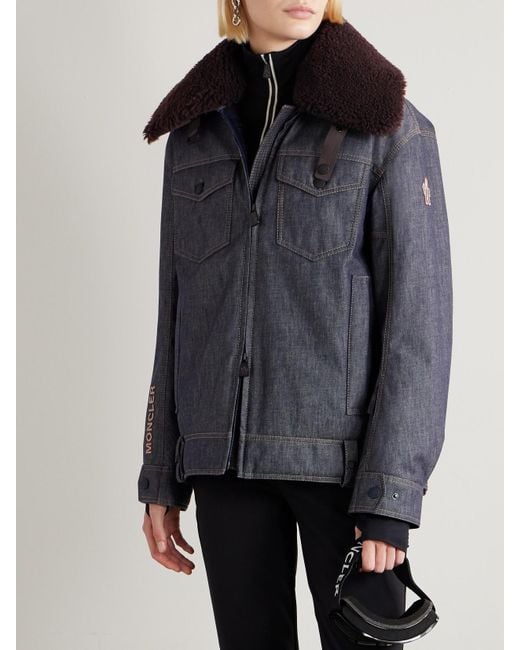 Moncler Blue Yunque Shearling-Trimmed Denim Down Jacket