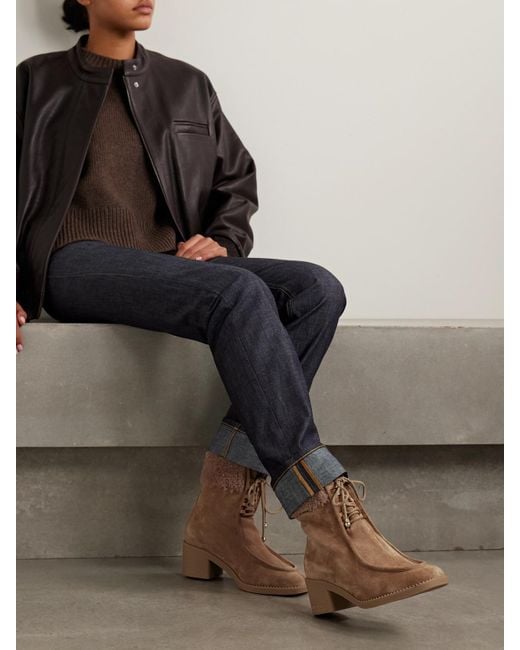 Jimmy Choo Brown Hali 60 Shearling-Trimmed Suede Ankle Boots
