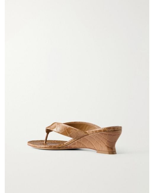 Le Monde Beryl Brown Micro Wedge Croc-Effect Leather Thong Sandals