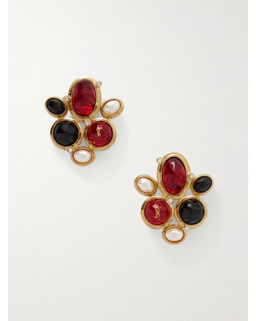 Saint Laurent White Tone, Resin, Faux Pearl And Crystal Clip Earrings