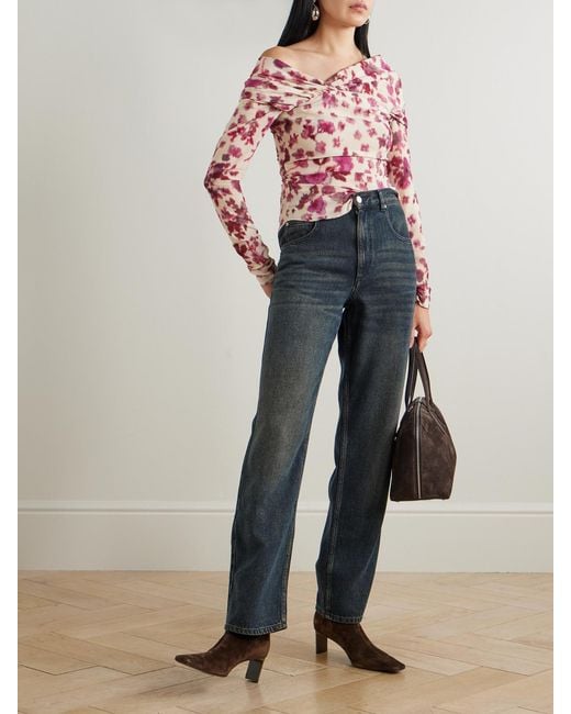 Isabel Marant Pink Danka Off-The-Shoulder Draped Floral-Print Stretch-Silk Top
