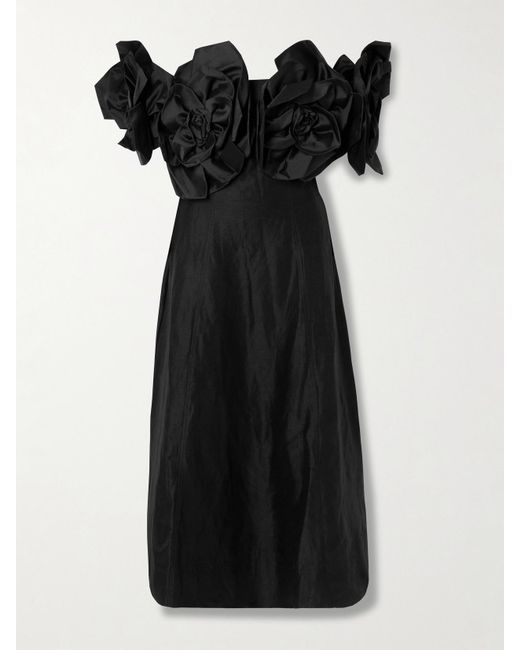 Robe Midi Épaules Nues En Lin Mélangé À Appliqués Etta Aje. en coloris Black