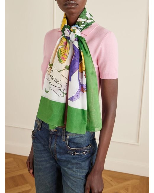 Gucci Green Floral-Print Cotton Scarf