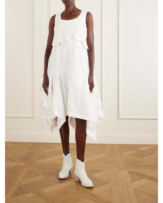 Comme des Garçons White Crochet-Trimmed Cloqué Midi Dress