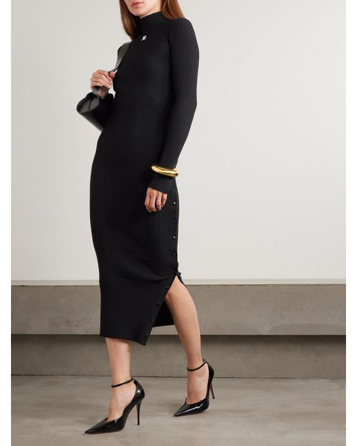 Courreges Black Embroidered Ribbed-Knit Midi Turtleneck Dress