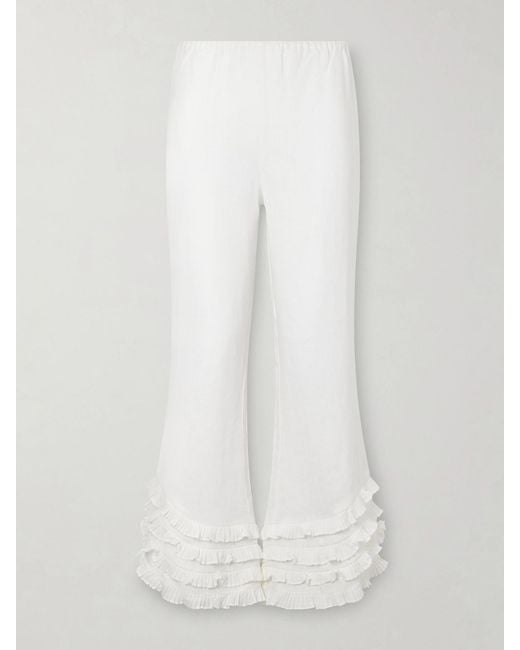 Posse White Florence Ruffled Linen Straight-Leg Pants