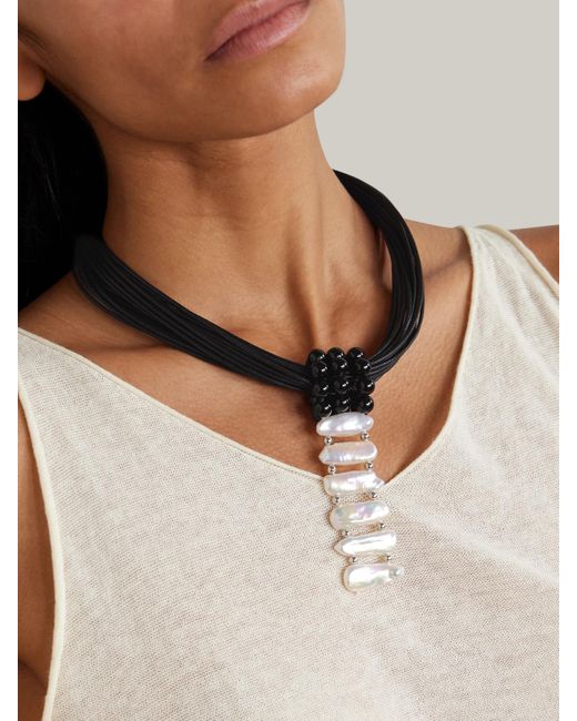 Le Sundial Black Cord, Onyx, Pearl And Necklace