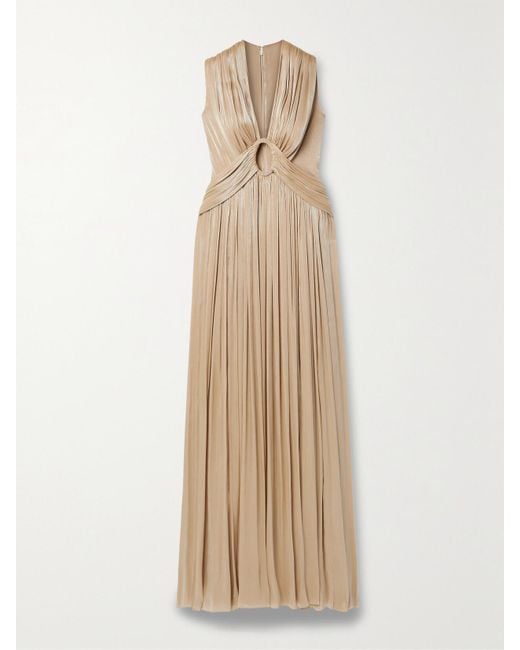 Costarellos Natural Kiera Cutout Pleated Lamé Gown