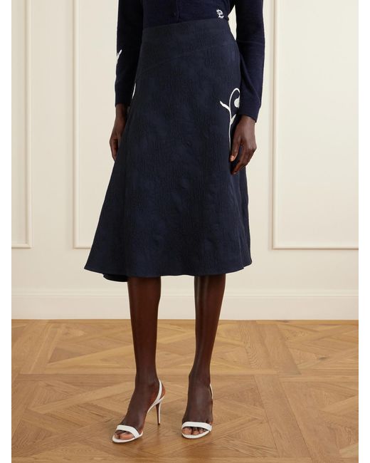 Erdem Blue Asymmetric Floral-Jacquard Cotton-Blend Midi Skirt